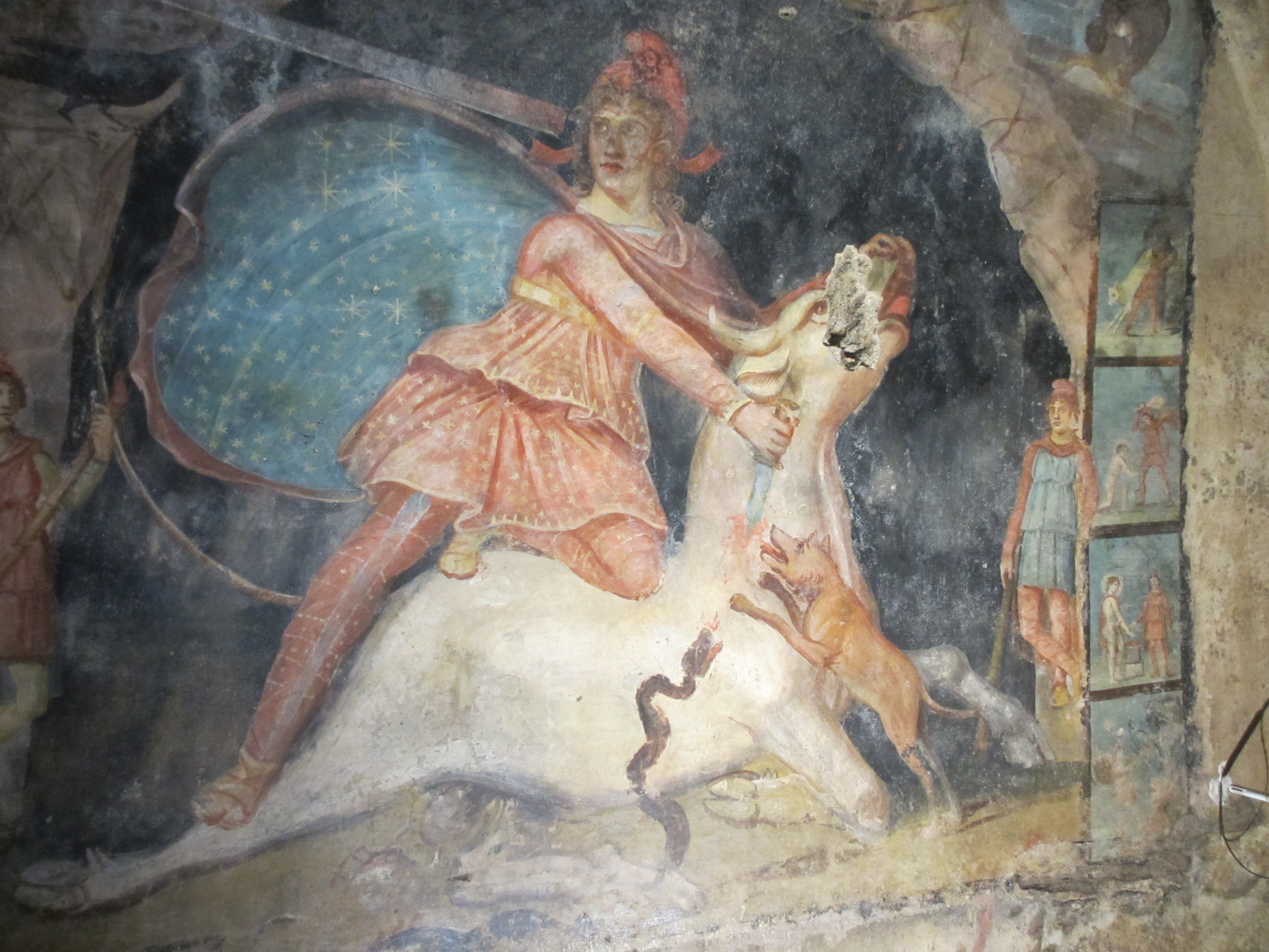 Foto 4: Mithrase härjaohvrit kujutav maal Marino (Itaalia) mithraeum’ist. Paremal servas on näha teisi stseene Mithrase elust, mida kujutavad ka fotol 3 põhikujutist ümbritsevad stseenid (foto: Jaan Lahe)